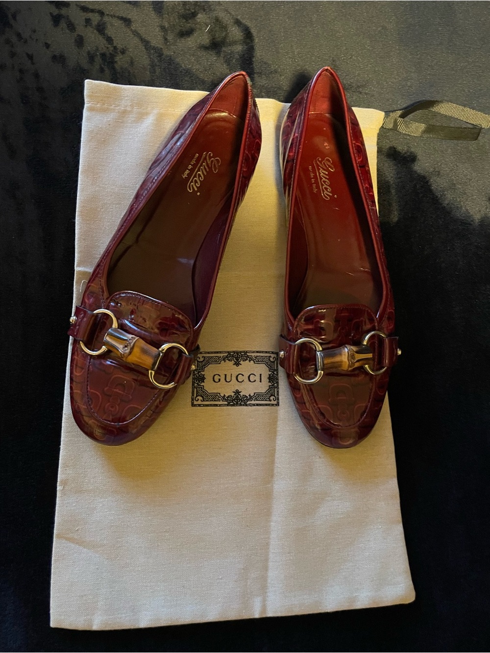 Gucci Burgundy Patent Leather Horsebit Flats